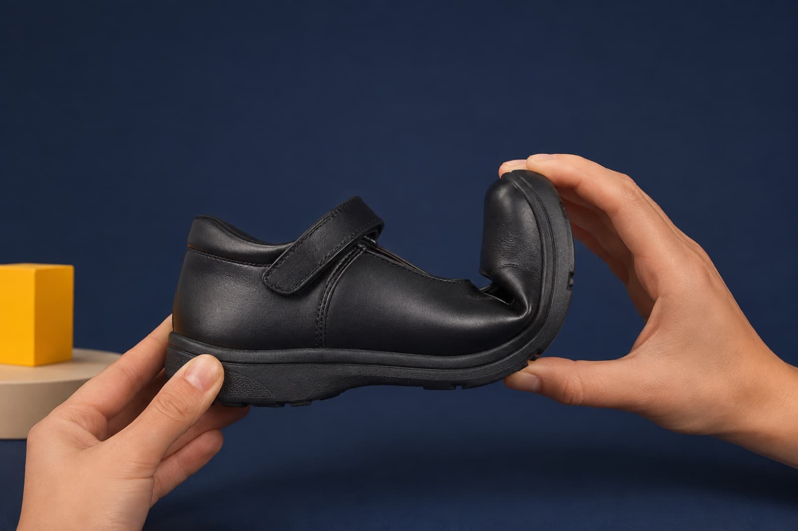 The sole of a School Shoes shoe bent upward at the forefoot by hand