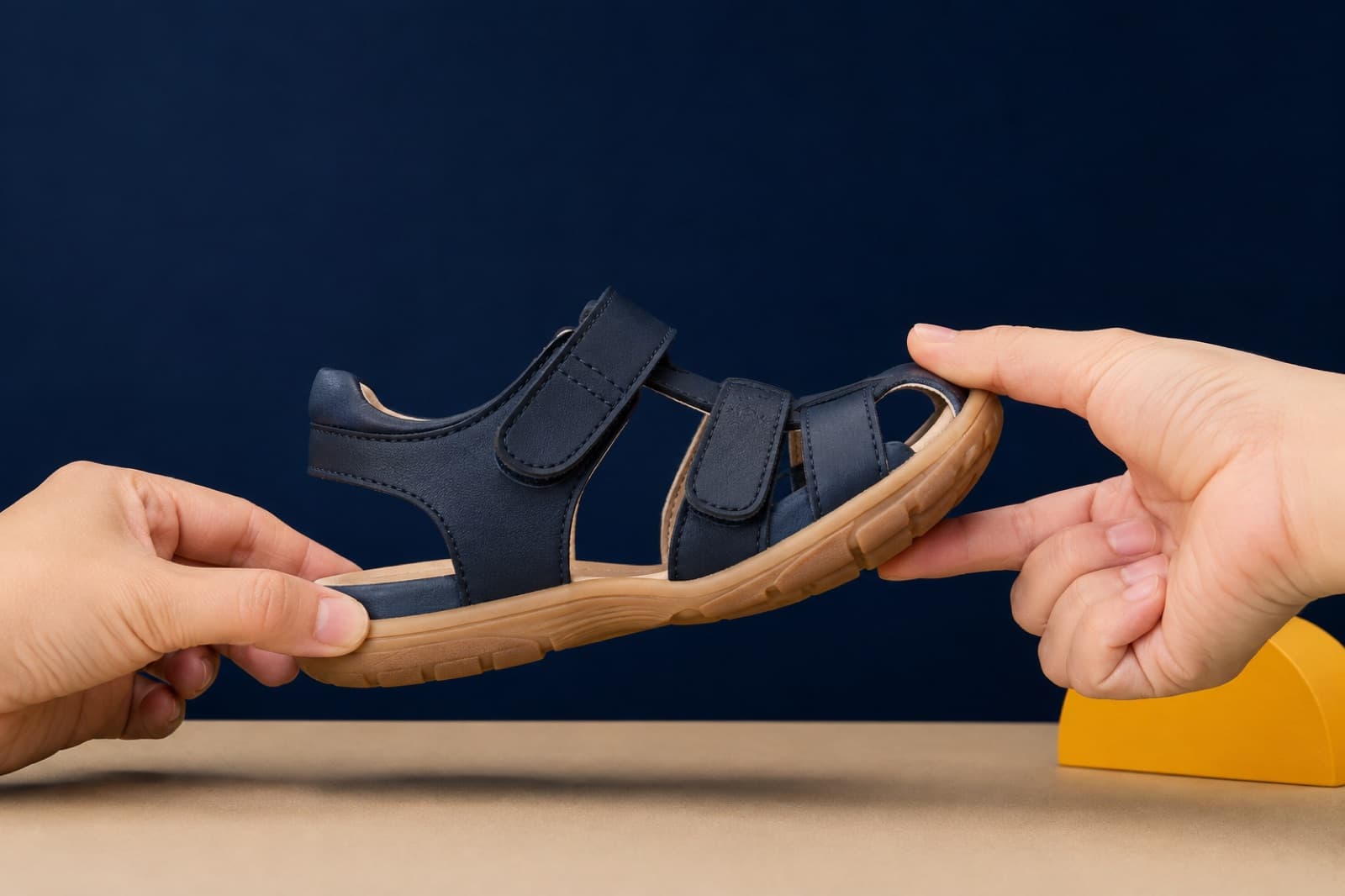 The sole of a Sandals shoe bent upward at the forefoot by hand
