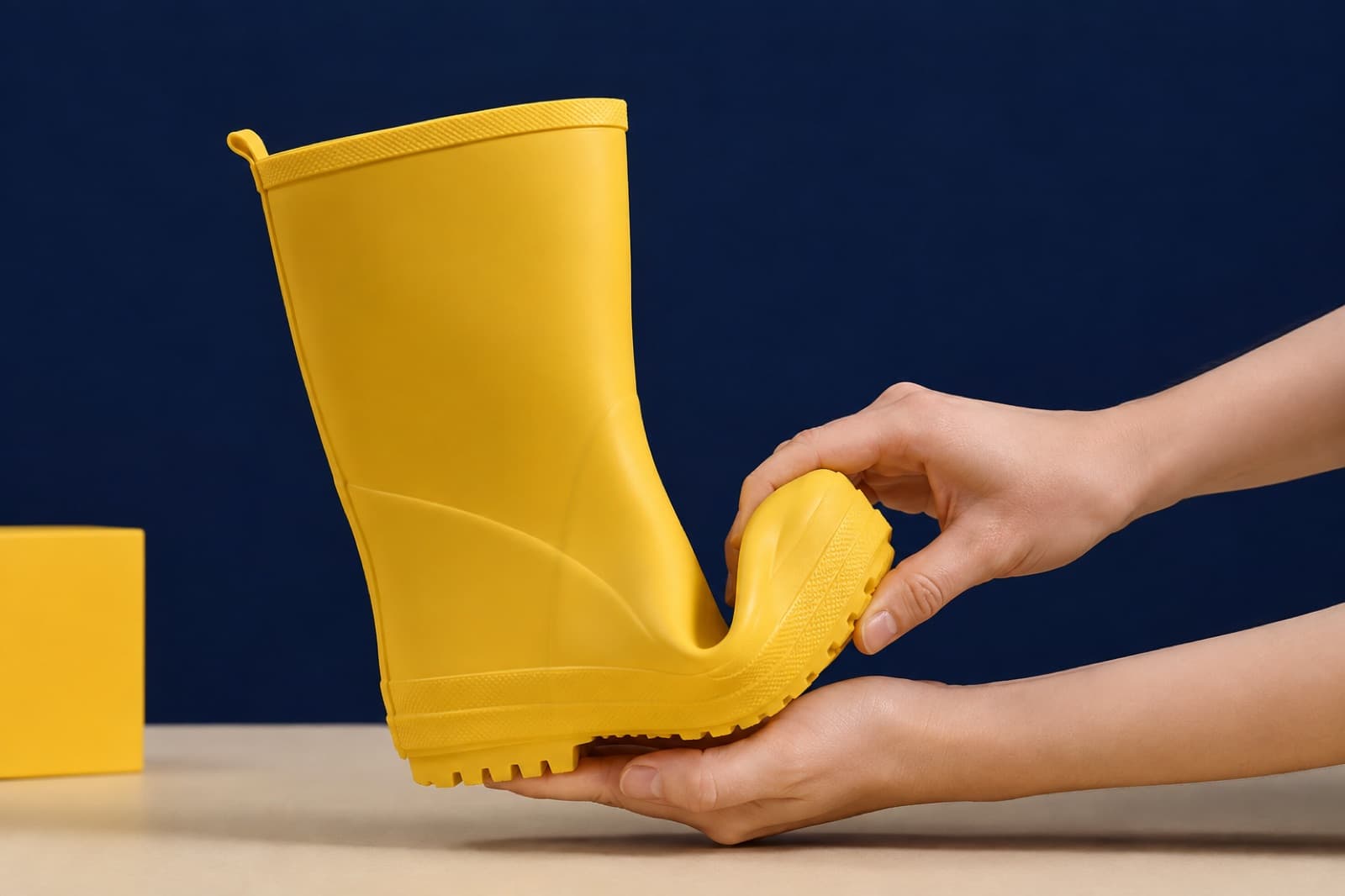 The sole of a Rain & Winter shoe bent upward at the forefoot by hand