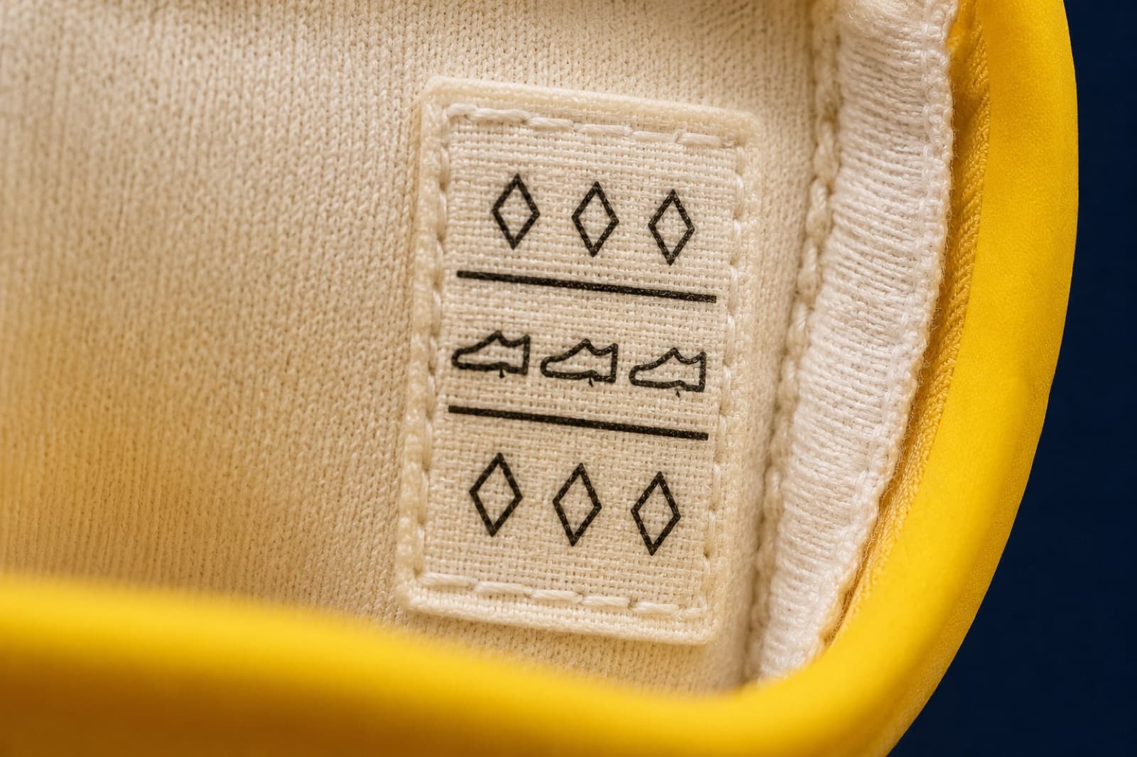 The stitched material label inside the shoe showing three rows of pictogram symbols