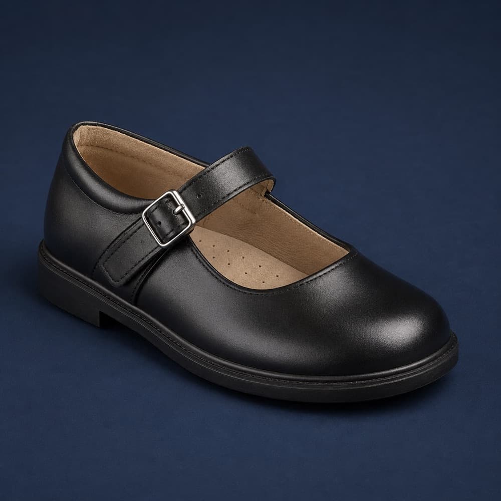 School Mary Jane, Buckled instep strap, three holes.