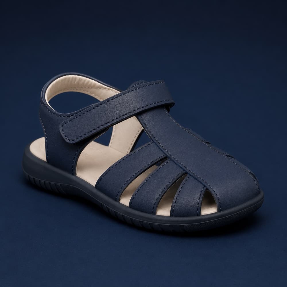 Closed-Toe Sandal, Closed toe, open heel, one strap.