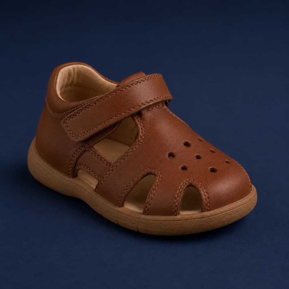 Sandal Leather, Punched leather toe box, leather footbed.