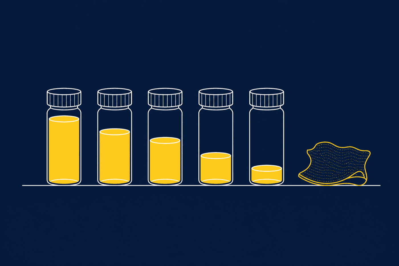 Diagram of five laboratory vials in a row beside a leather swatch