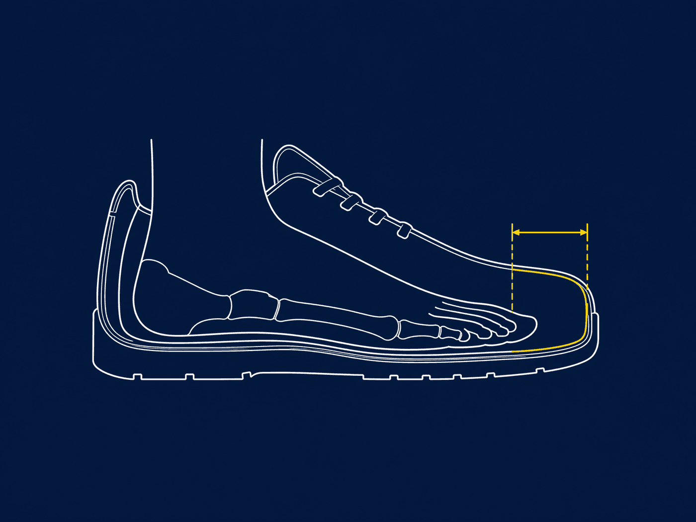 Cutaway diagram of a foot inside a shoe with the gap in front of the toes marked